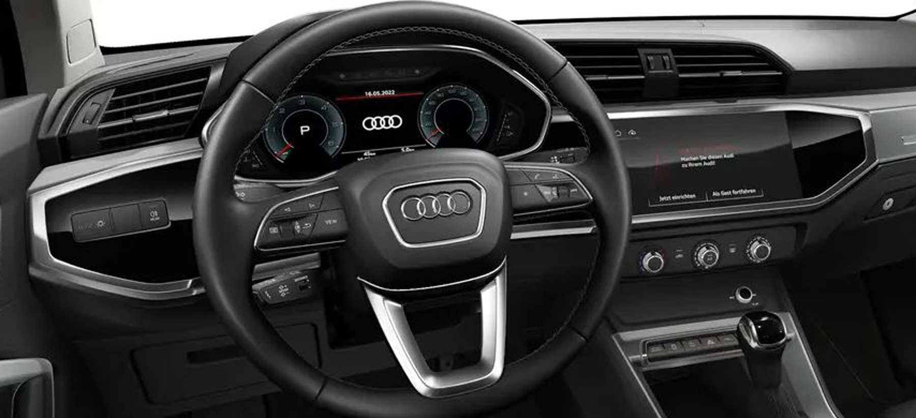 Unser Q3 Sportback von innen. Das 12,3 Zoll große Display des Vitrual Cockpit "plus" und das 10,1-Zoll-Farbdisplay des Navigationssystems beherrschen das Bild und zeugen von den vielen Funktionsextras des SUV. - Bild: Audi-Konfigurator